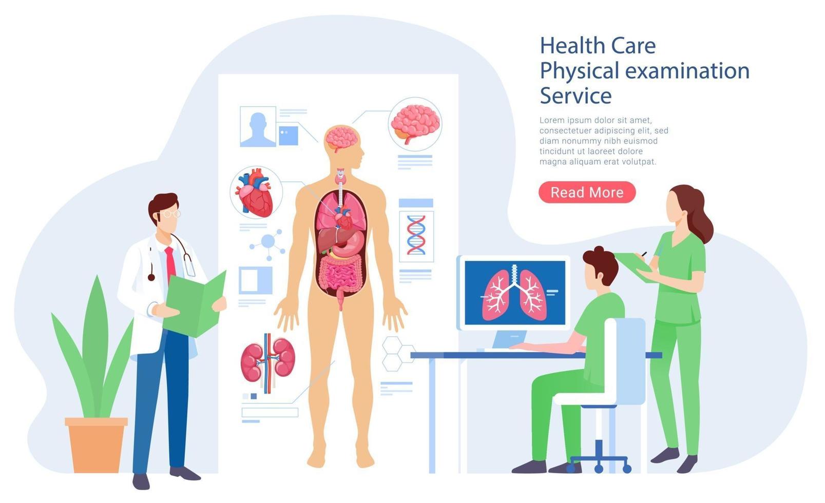 Ilustración de vector de servicio de examen de sistema físico de atención médica.