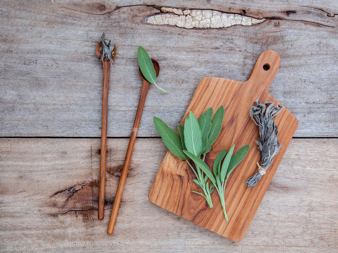 Top view of fresh and dried sage photo