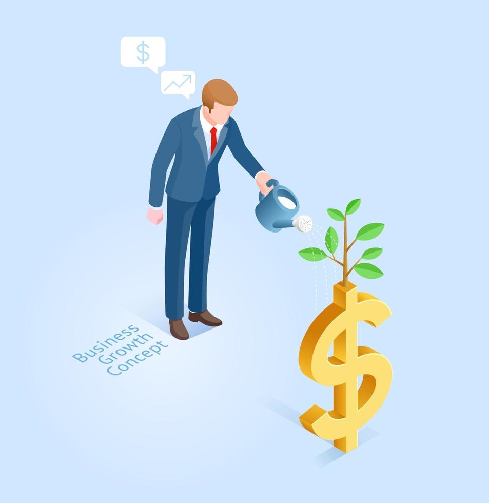 concepto de crecimiento empresarial. hombre de negocios con olla regando el árbol del dinero. ilustraciones isométricas vectoriales. vector