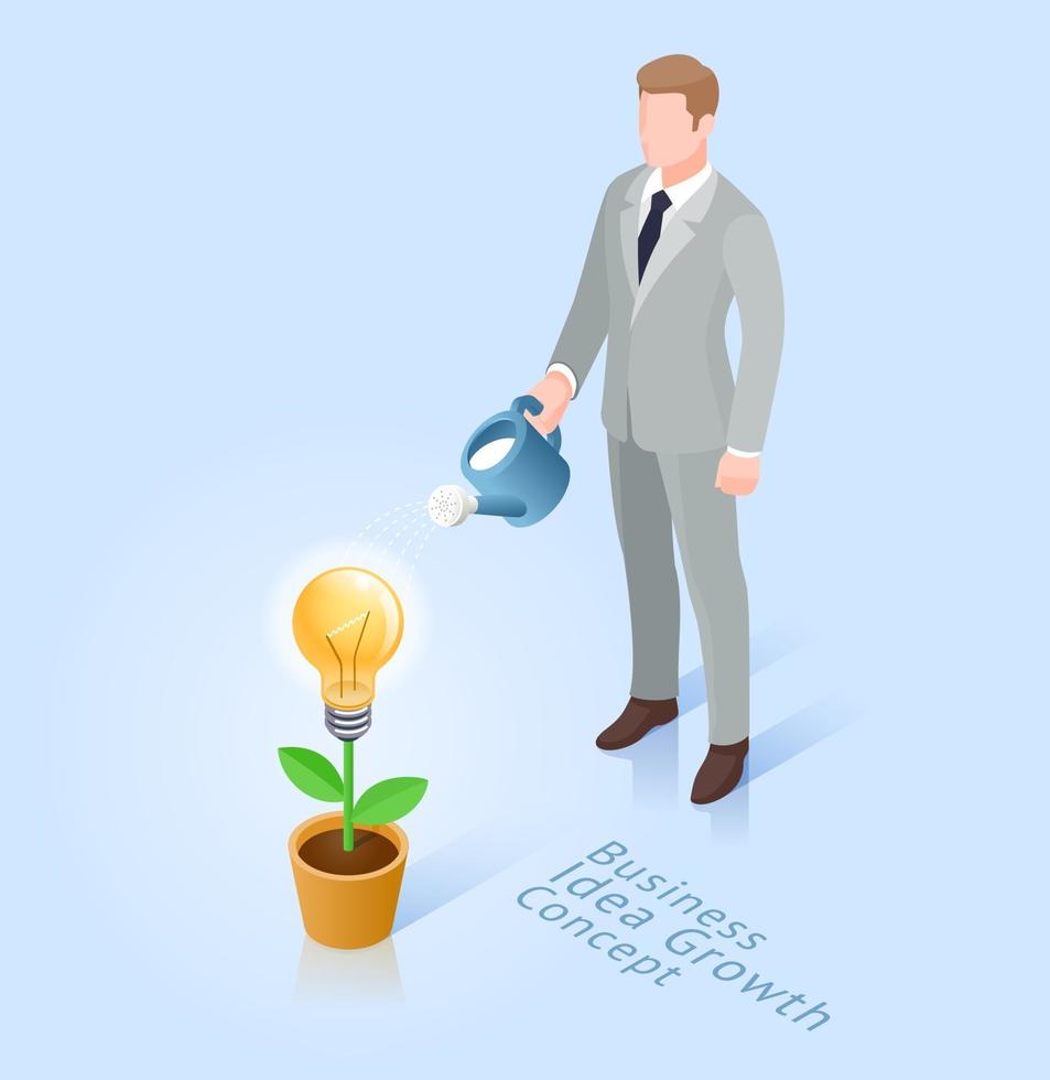 Business ideas growth concept. Business man with pot watering light bulb tree. Vector Isometric illustrations.