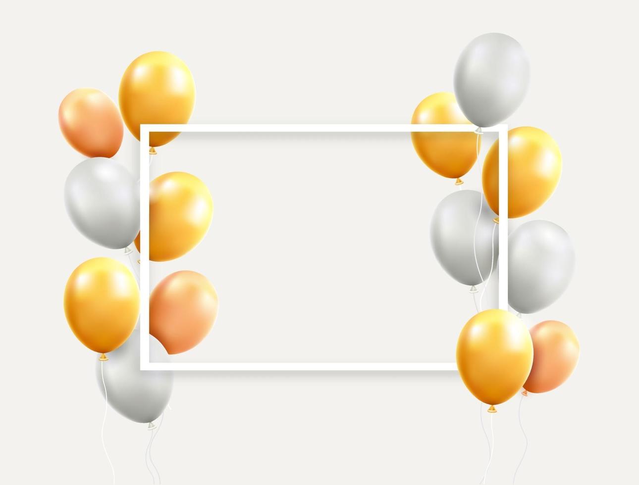 Gold and white balloons with frame vector illustrations.