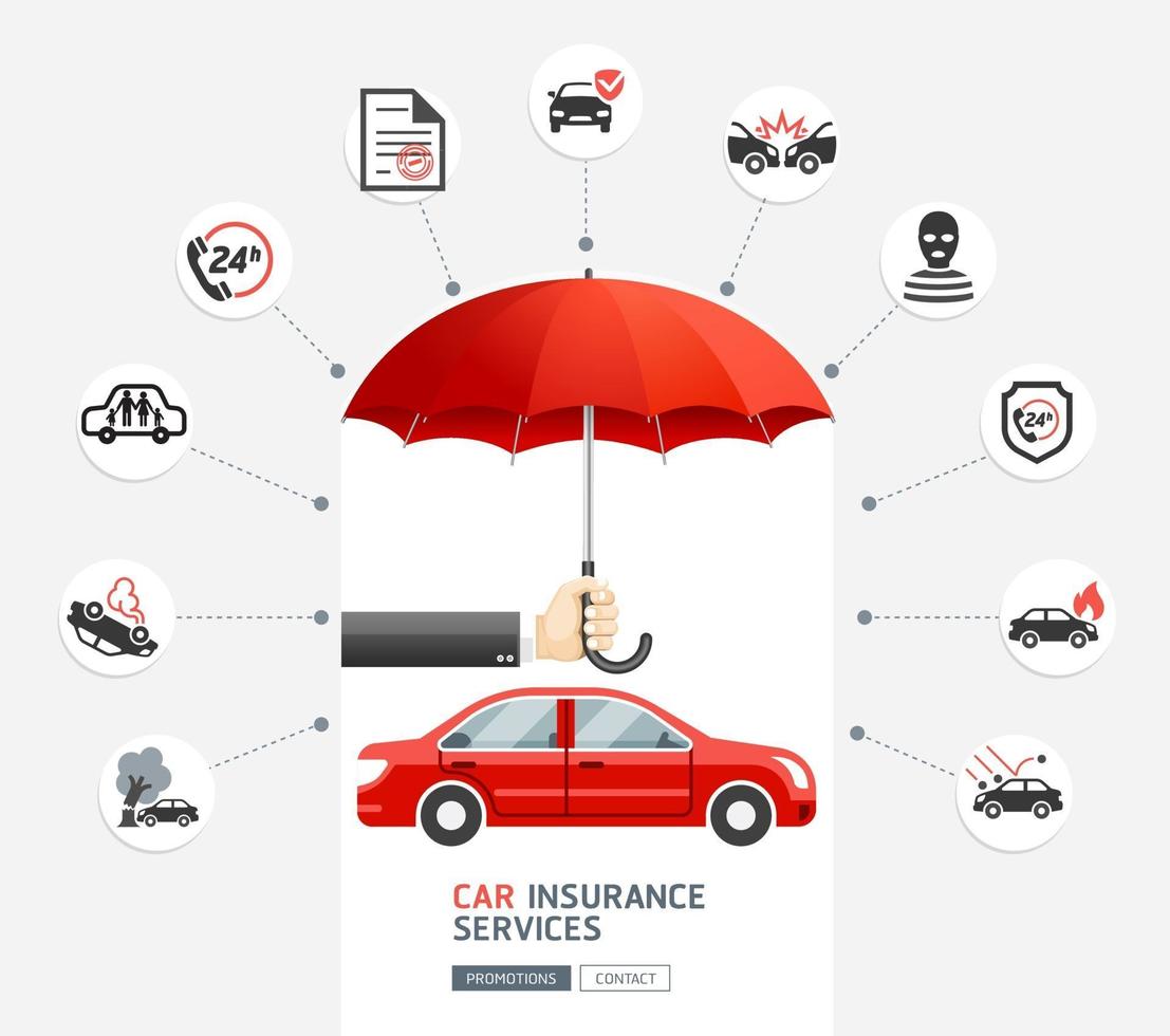 Car insurance services. Hand of business man holding the red umbrella to protect red car. Vector illustration.