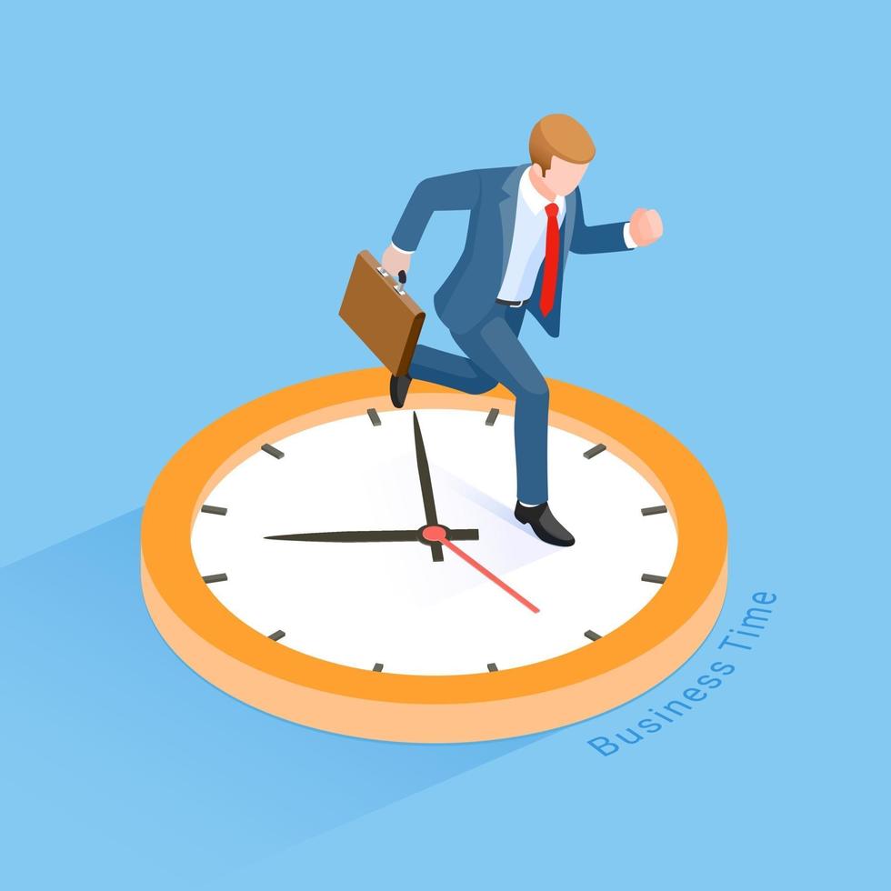 Business time concept. Businessman running on clock. Isometric vector illustration.