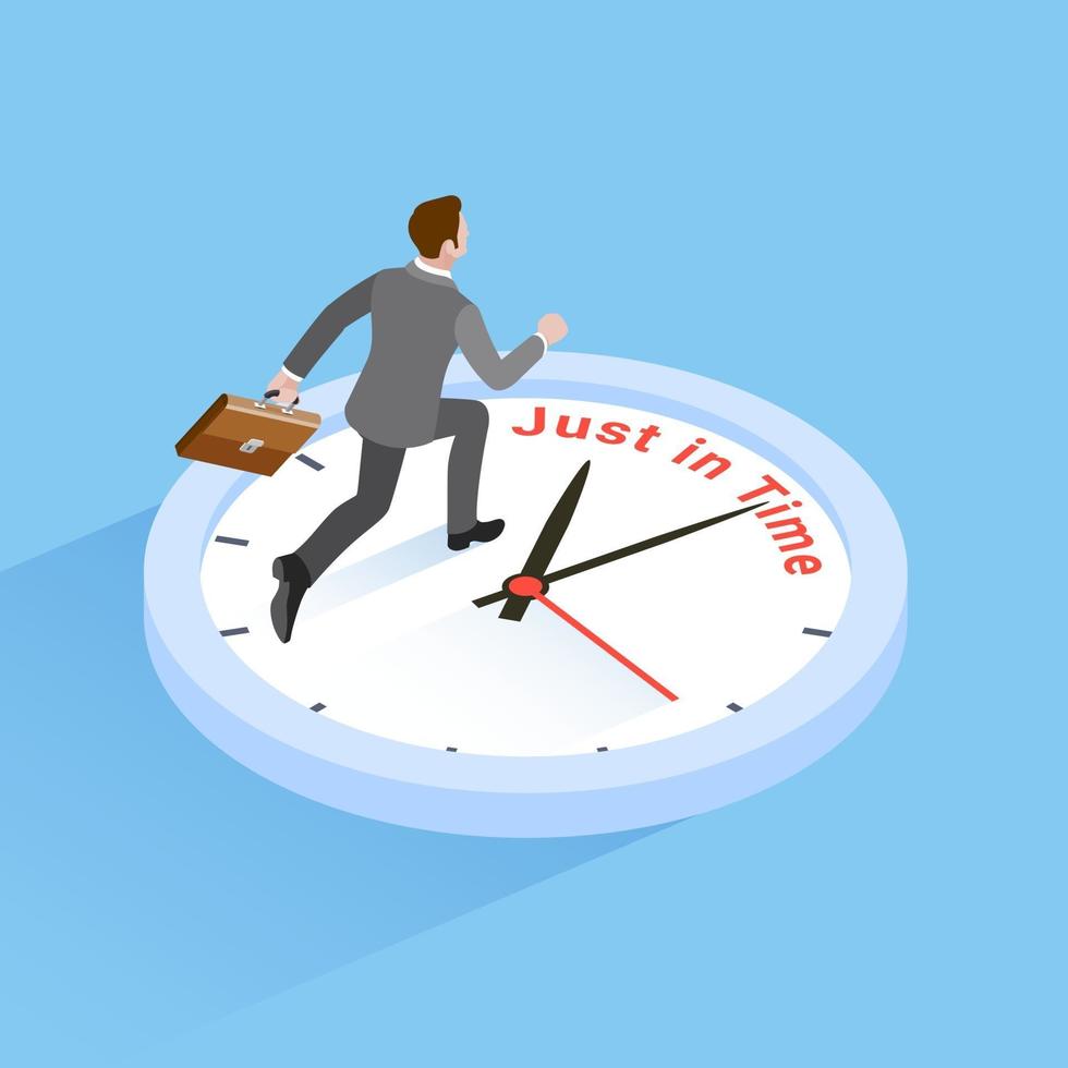 Business time concepts. Businessman running with clock. Isometric vector illustration.