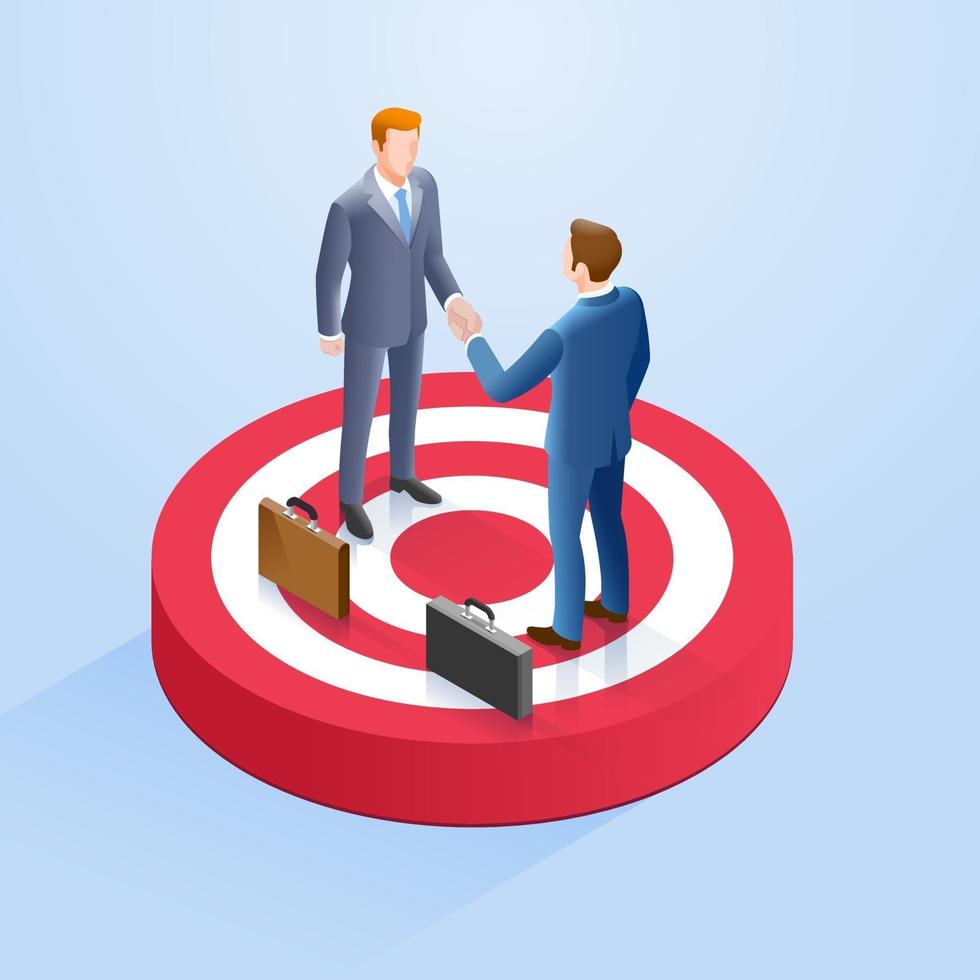 Two businessmen shake hands on the target. Vector Isometric illustrations.