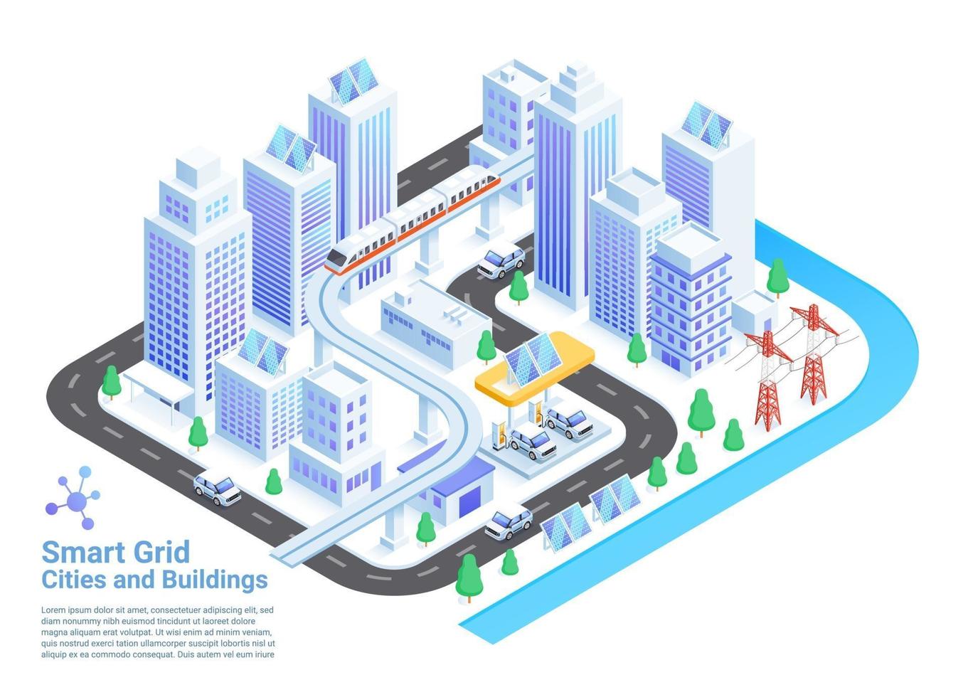 Smart grid cities and buildings isometric vector illustrations.