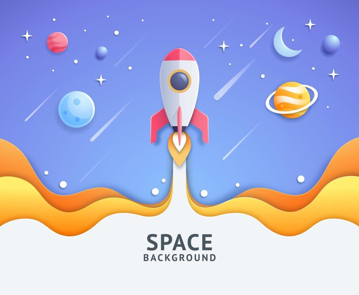 Blue space galaxy with cartoon rocket leaving white trail vector illustration.