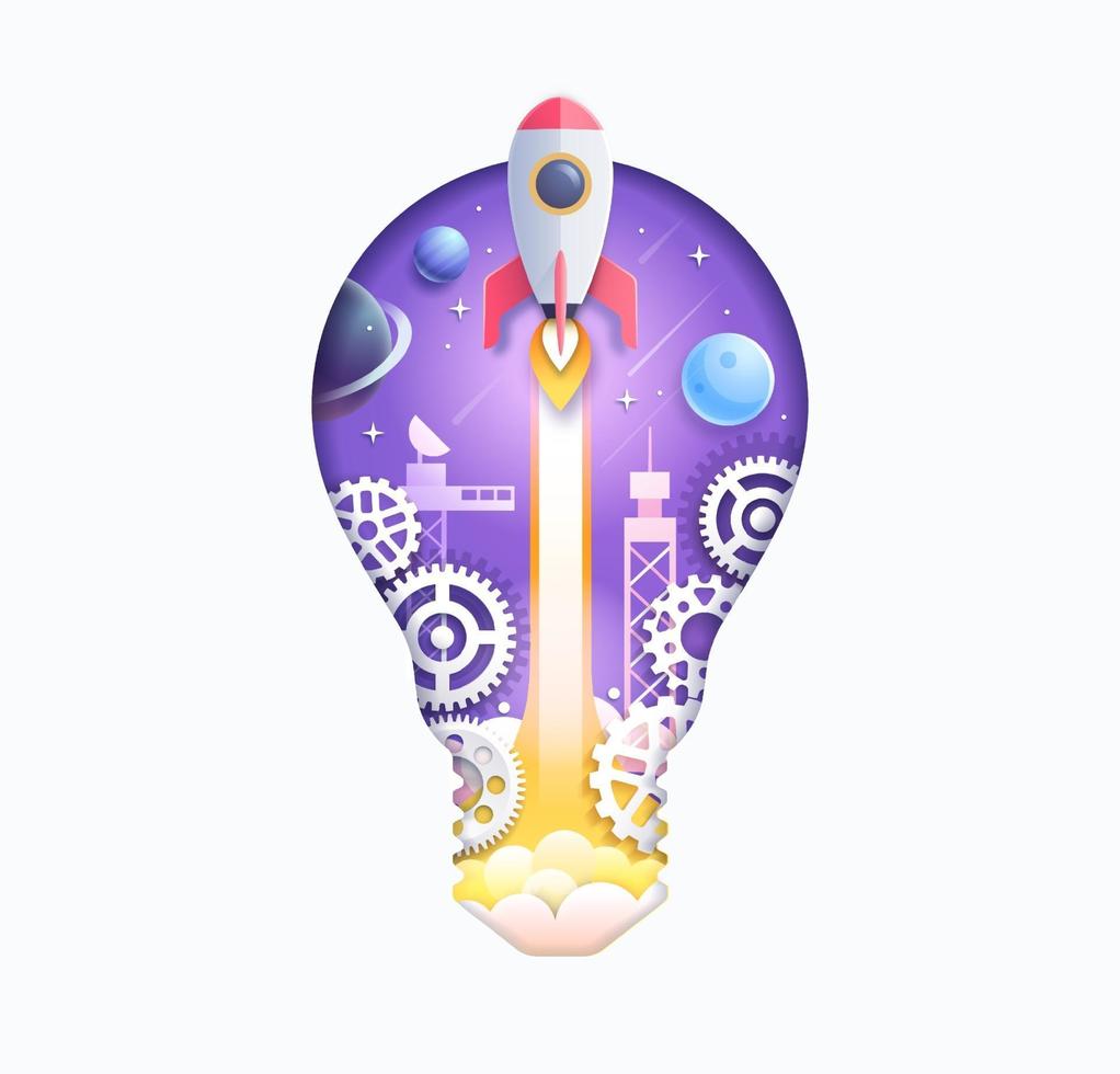 Space galaxy with cartoon rocket leaving white trail inside paper cut light bulb shape vector illustration.