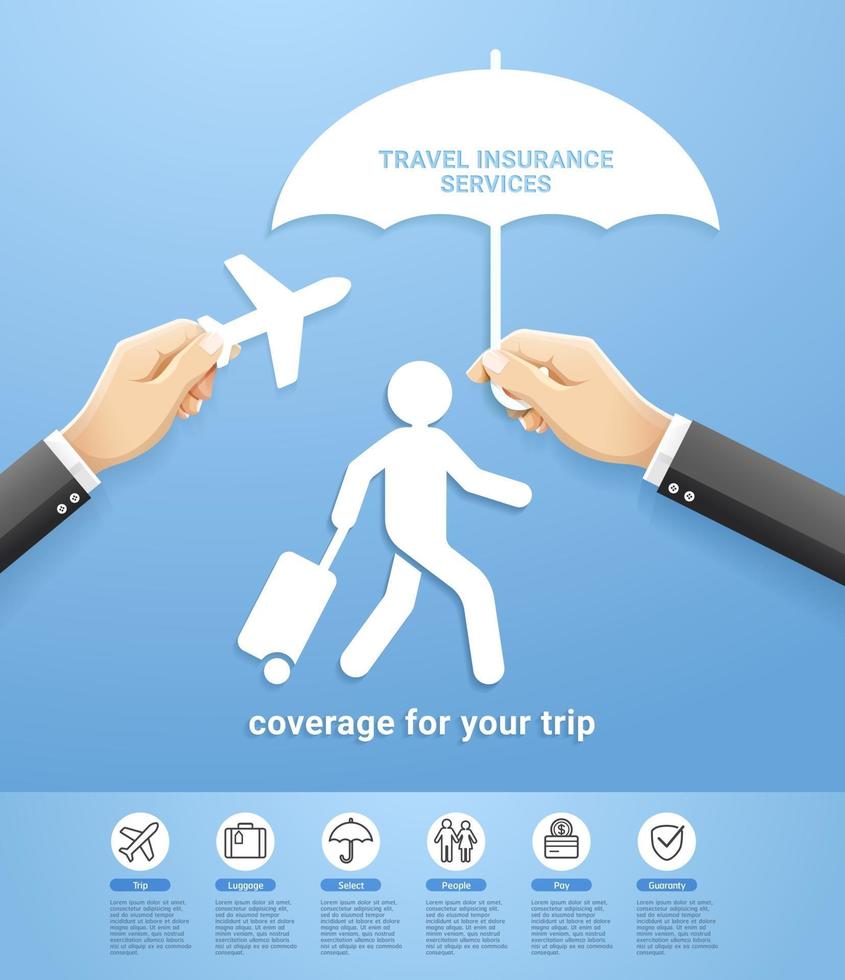 Travel insurance policy services conceptual design. Hand holding aircraft and umbrella paper cut style. Vector Illustrations.