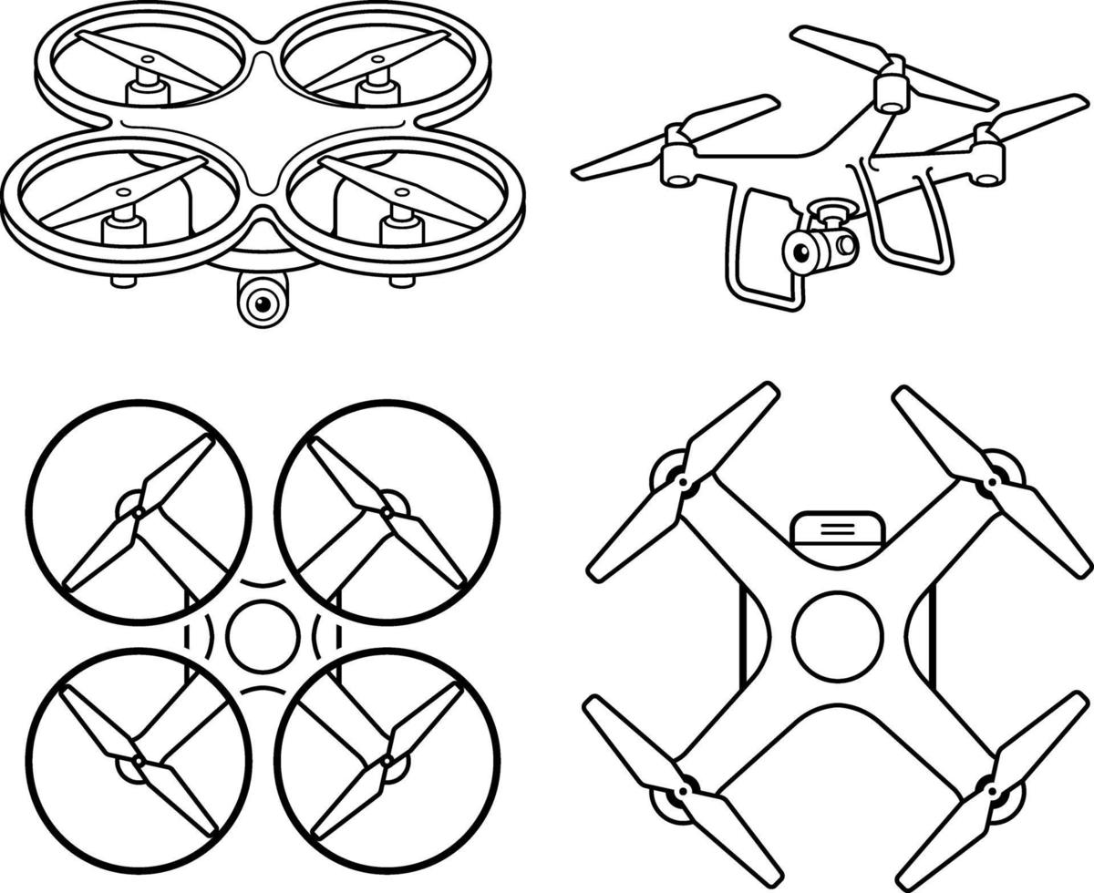 Conjunto de iconos de línea de silueta de drone. ilustración vectorial. vector