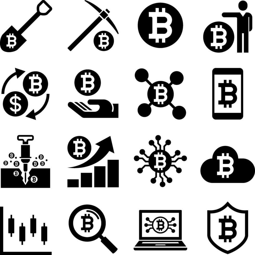 Cryptocurrency mining icons. Vector illustrations.