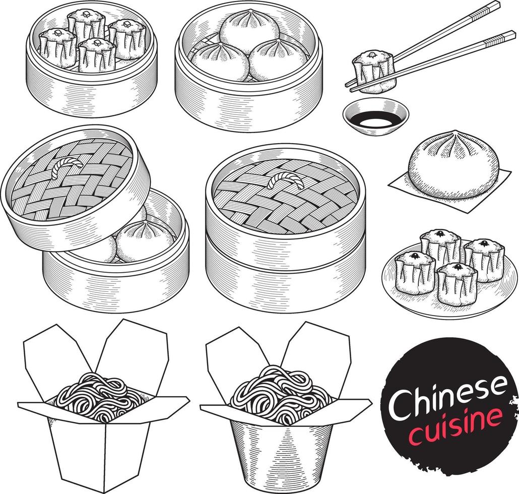 Chinese cuisine food doodle elements hand drawn style. Vector Illustrations.