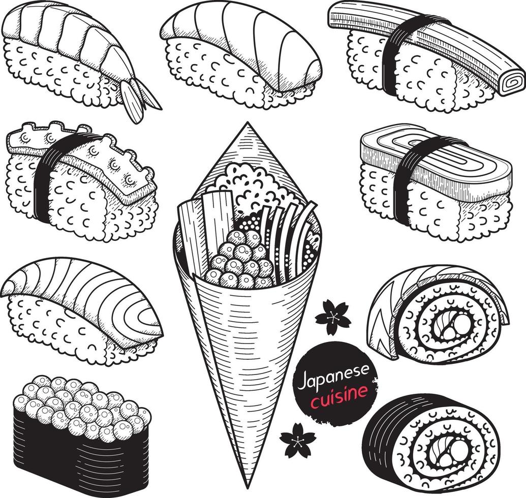 Japan food doodle elements hand drawn style. Vector Illustrations.