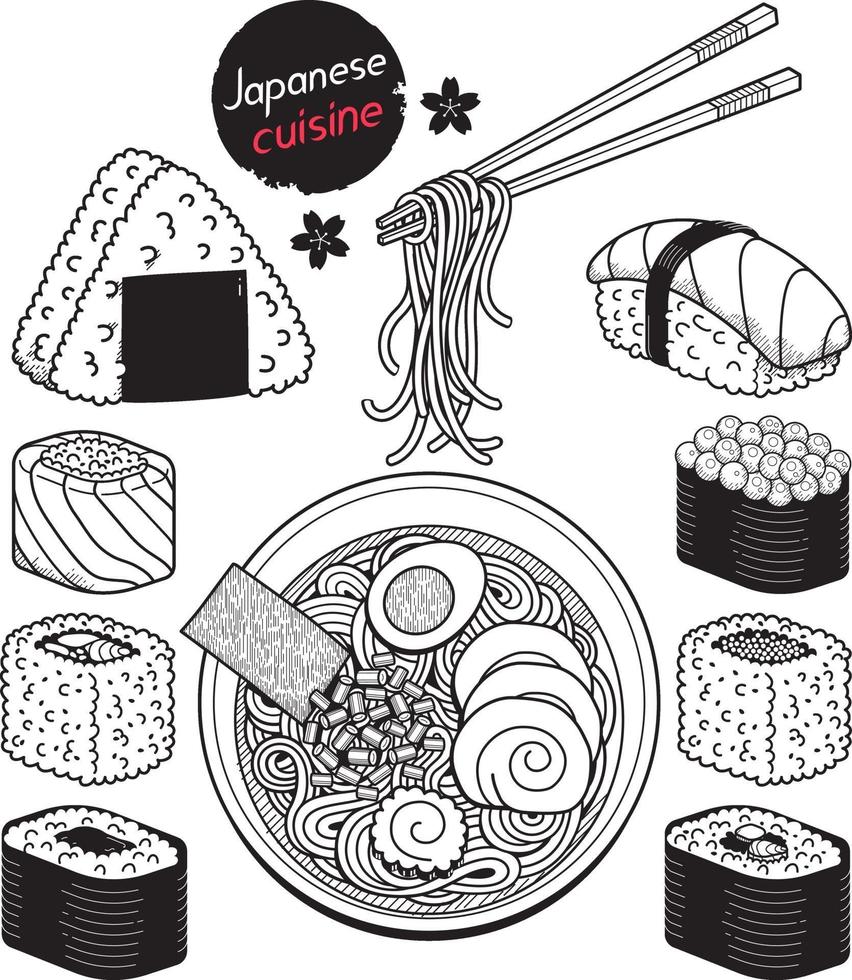 Japan food doodle elements hand drawn style. Vector Illustrations.