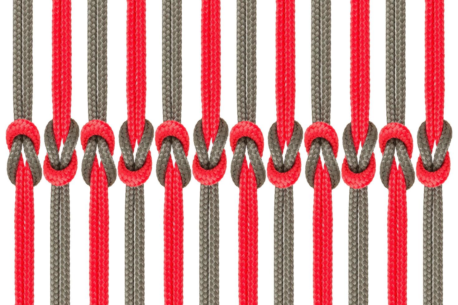Different ropes tied together isolated on a white background photo