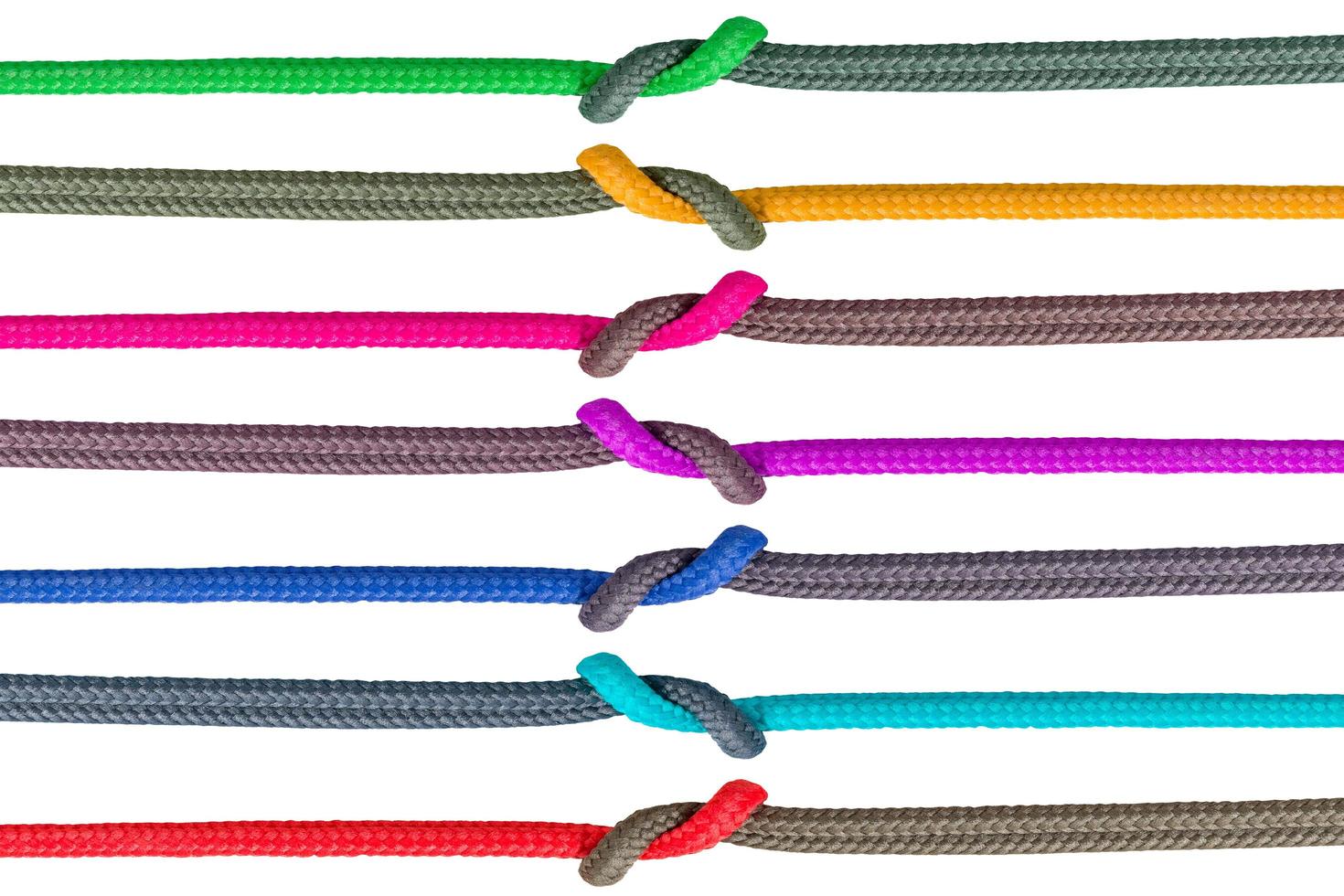 Different ropes tied together isolated on a white background photo