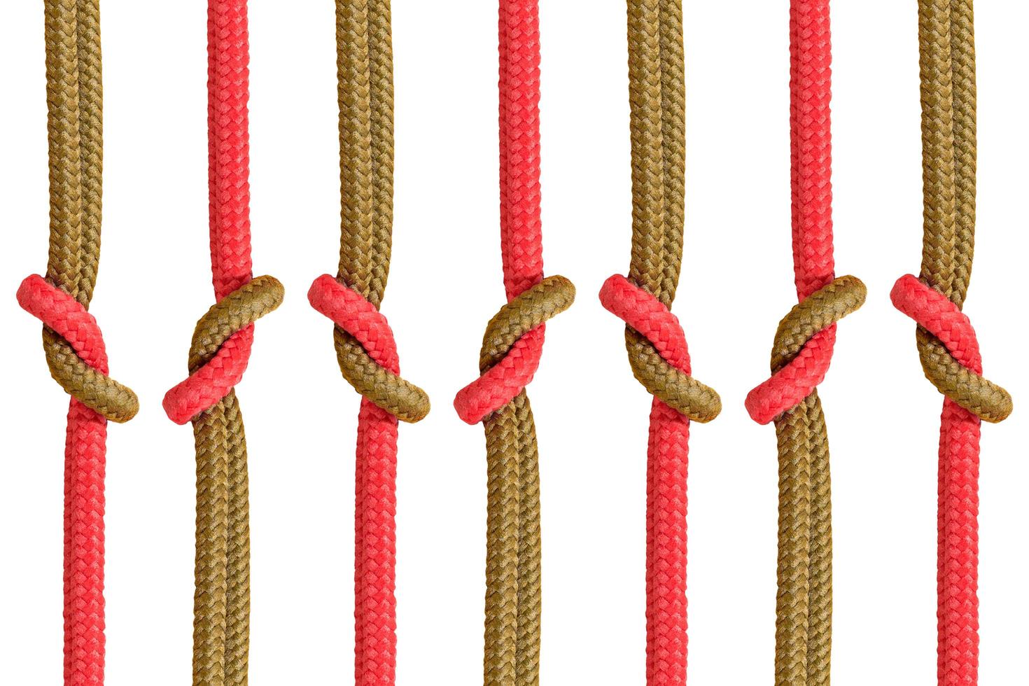 Diferentes cuerdas atadas juntas aisladas sobre un fondo blanco. foto