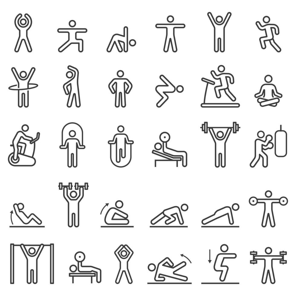 Fitness exercise workout line icons set. Vector illustrations.