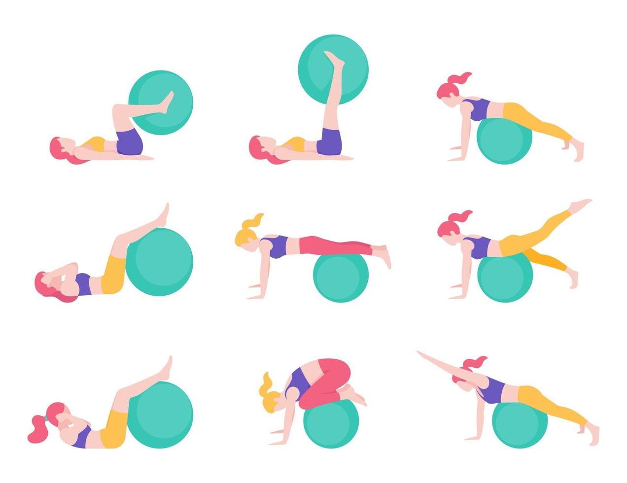 Women fitness exercise ball workout posture vector illustrations.