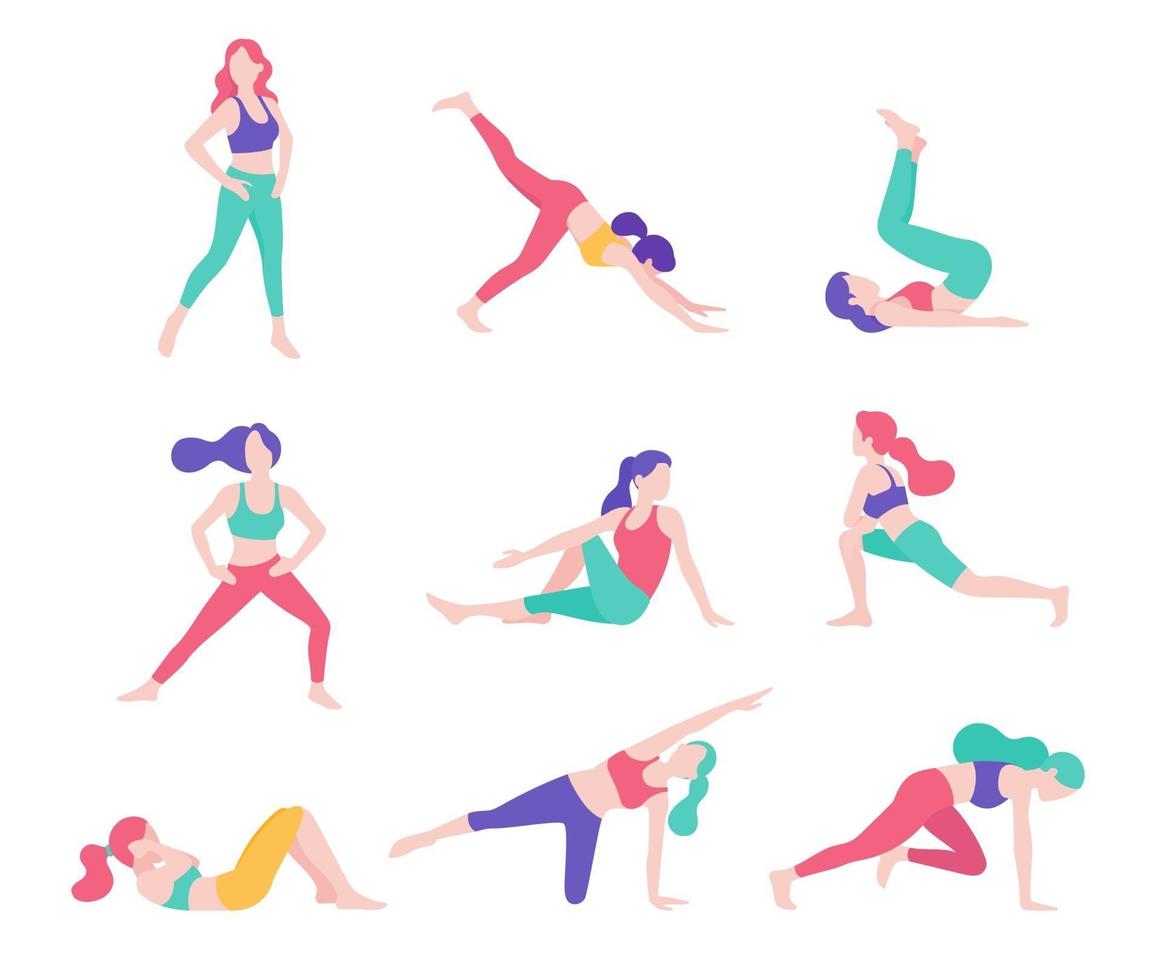 Women fitness exercise posture vector illustrations.