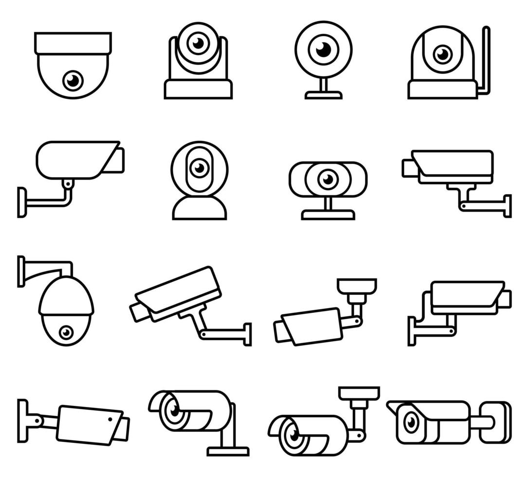 Conjunto de iconos de línea de cámara CCTV. vector