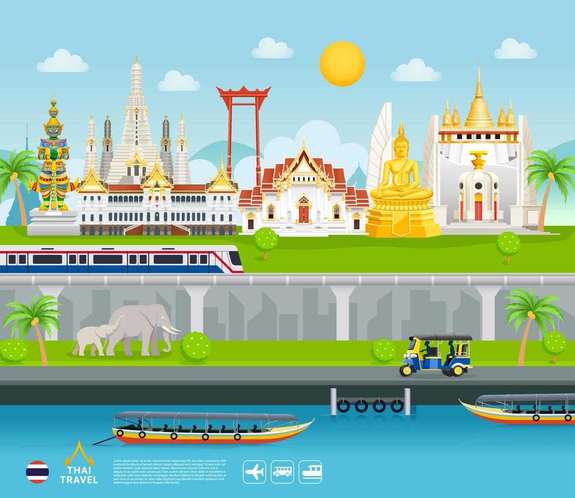 Fondo de estilo plano de lugares hermosos de banner de viajes de monumentos famosos de Tailandia. vector