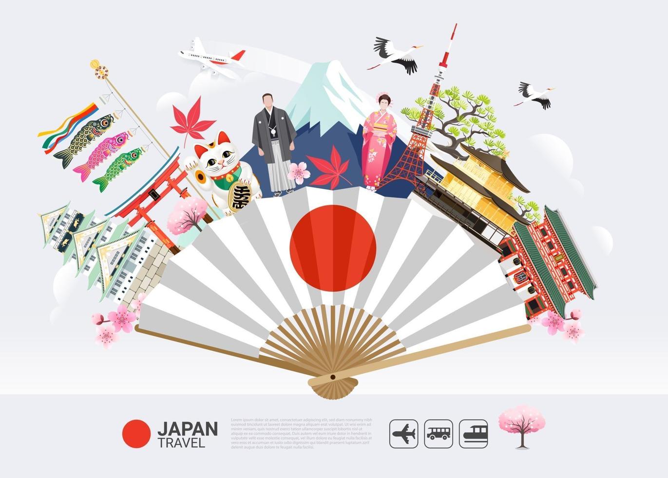 Japan famous landmarks on fan travel background vector
