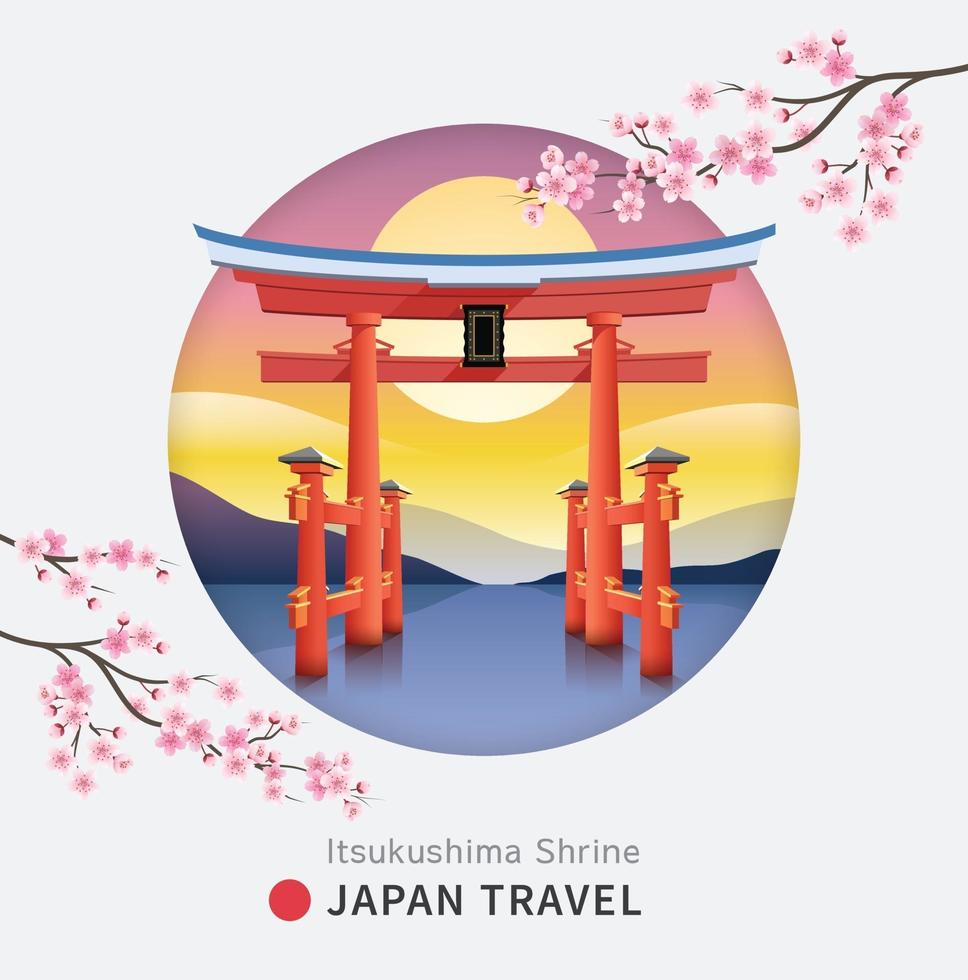 Floating torii shinto gate of Itsukushima shrine, Miyajima island of Hiroshima, Japan against the backdrop of the mountains at the sunset and sakura flower cherry blossom. Vector illustrations.