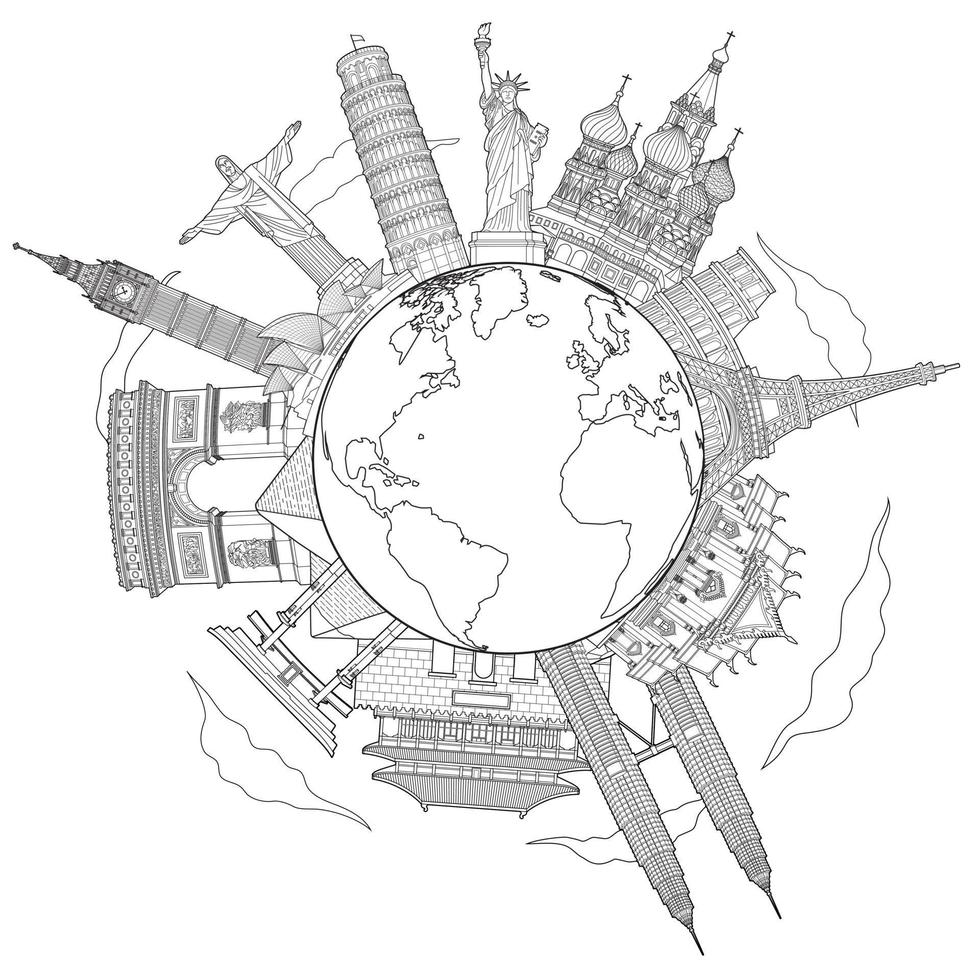 Around the world travel famous landmark doodle art drawing sketch style vector illustrations.