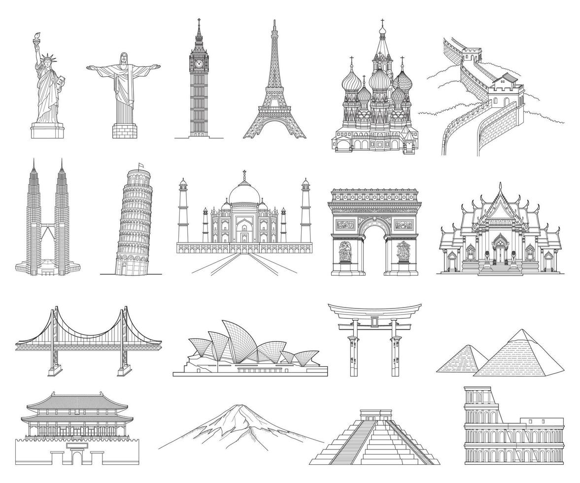ilustraciones de vectores de estilo de dibujo de arte de doodle de viaje. monumentos famosos del mundo.