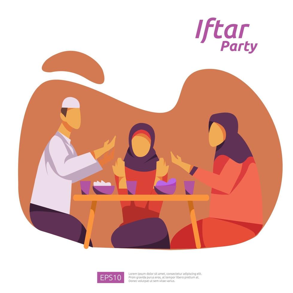 Cena familiar musulmana en Ramadán Kareem o celebrando el Eid con carácter de personas. iftar comiendo después del ayuno fiesta concepto de fiesta. plantilla de página de destino web, banner, presentación, medios sociales o impresos vector