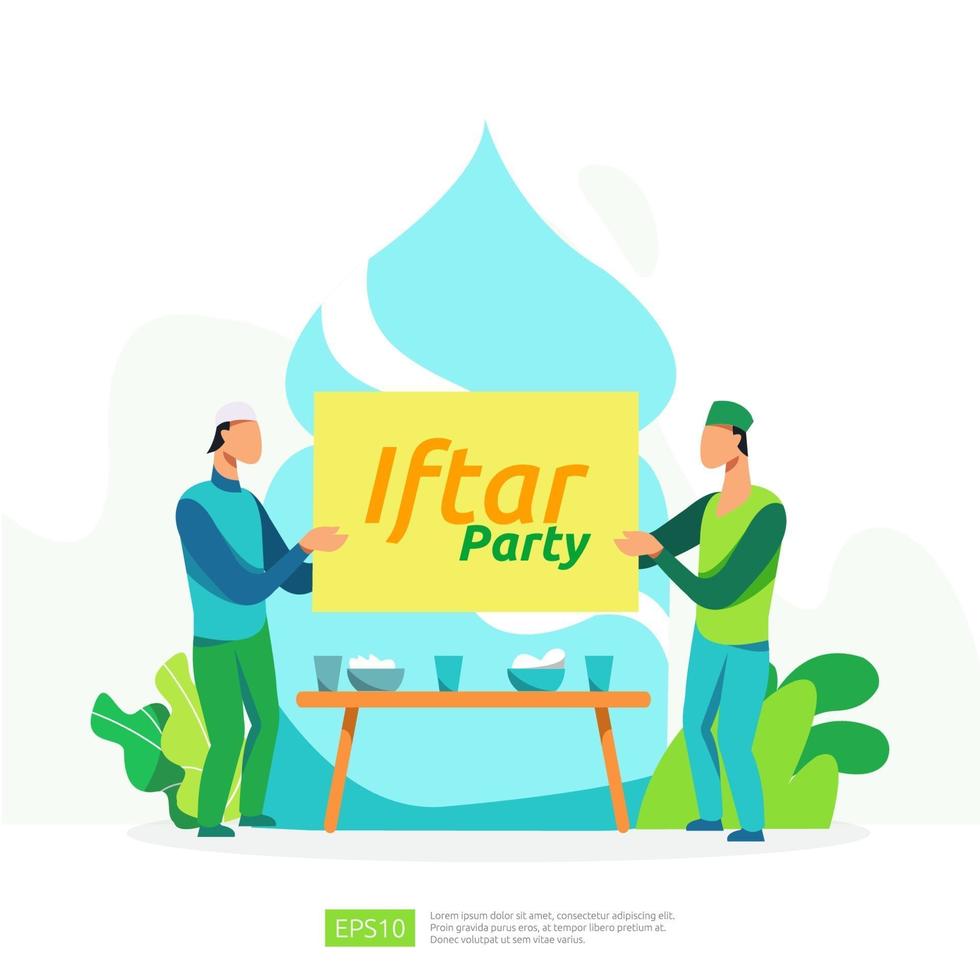 Cena familiar musulmana en Ramadán Kareem o celebrando el Eid con carácter de personas. iftar comiendo después del ayuno fiesta concepto de fiesta. plantilla de página de destino web, banner, presentación, medios sociales o impresos vector