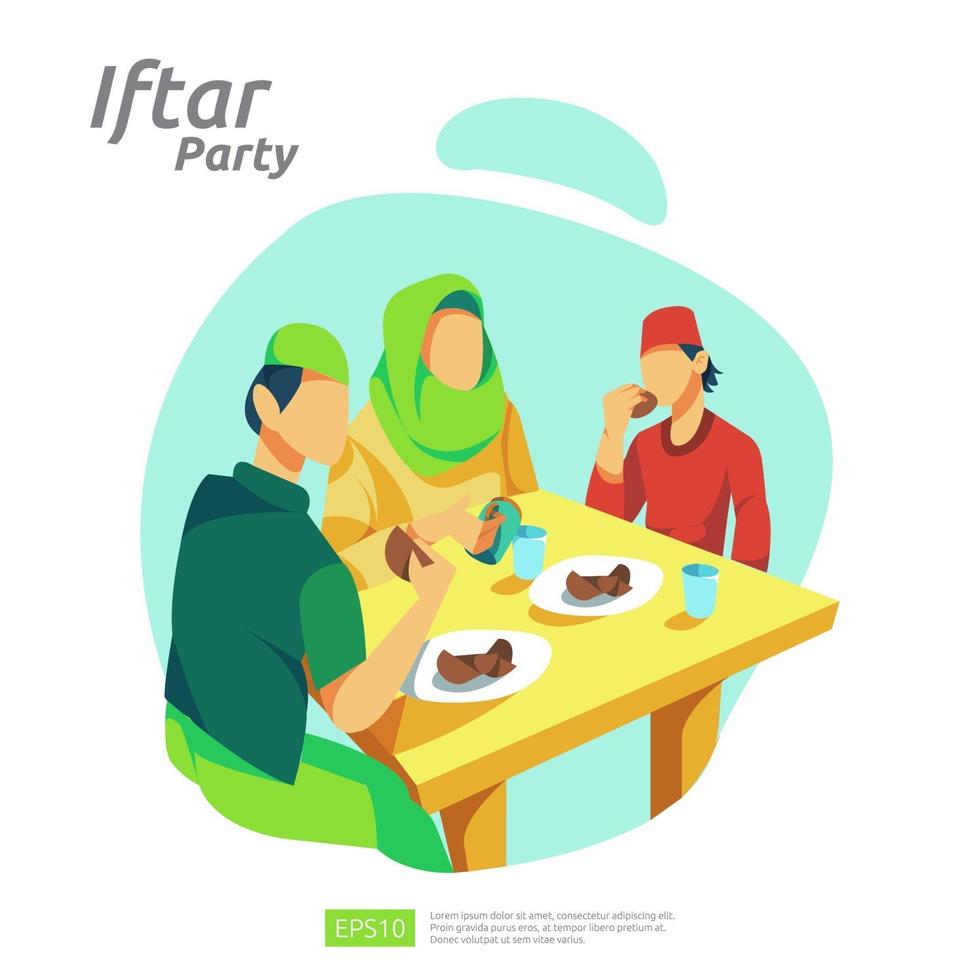 Cena familiar musulmana en Ramadán Kareem o celebrando el Eid con carácter de personas. iftar comiendo después del ayuno fiesta concepto de fiesta. plantilla de página de destino web, banner, presentación, medios sociales o impresos vector