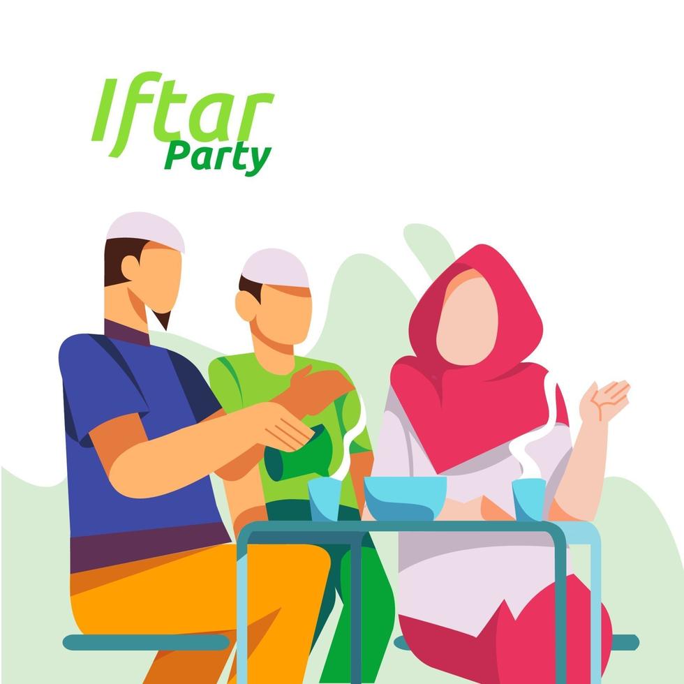 Moslem family dinner on Ramadan Kareem or celebrating Eid with people character. Iftar Eating After Fasting feast party concept. web landing page template, banner, presentation, social or print media vector