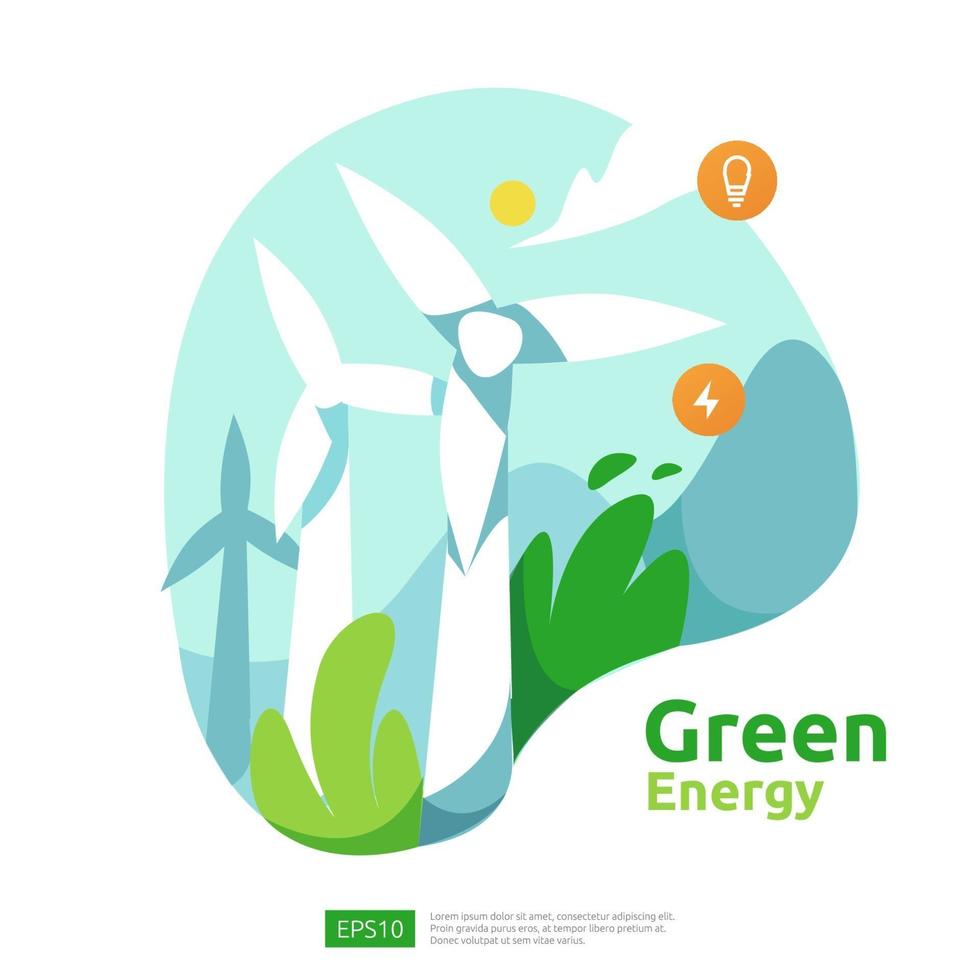 green clean energy sources with renewable electric sun solar panel and wind turbines. environmental concept for web landing page template, banner, presentation, social, and print media vector