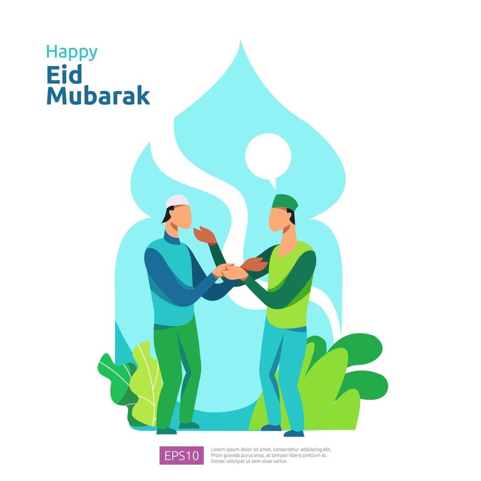 feliz saludo de eid mubarak o ramadán con carácter de personas. concepto de ilustración de diseño islámico para plantilla para página de destino web, social, póster, anuncio, promoción, medios impresos, banner o presentación vector