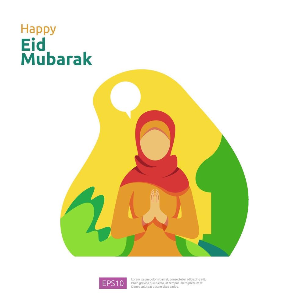 feliz saludo de eid mubarak o ramadán con carácter de personas. concepto de ilustración de diseño islámico para plantilla para página de destino web, social, póster, anuncio, promoción, medios impresos, banner o presentación vector