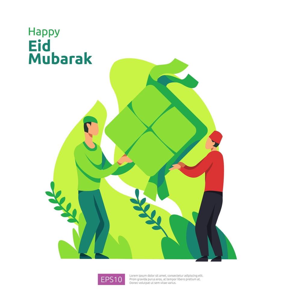 feliz saludo de eid mubarak o ramadán con carácter de personas. concepto de ilustración de diseño islámico para plantilla para página de destino web, social, póster, anuncio, promoción, medios impresos, banner o presentación vector