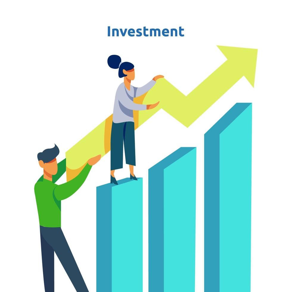 rendimiento financiero del retorno de la inversión roi. Ilustración de concepto de aumento de tasa de salario de ingresos con carácter de personas y flecha. crecimiento de las ganancias comerciales, la venta aumenta los ingresos del margen con el símbolo del dólar vector