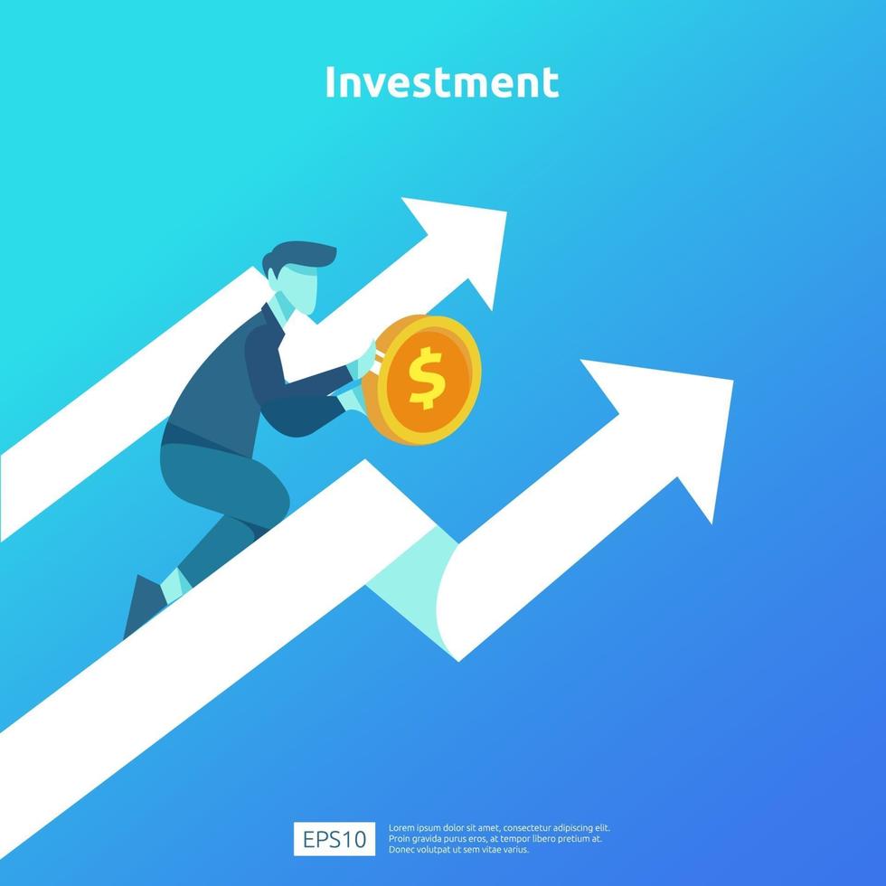 Finance performance of return on investment ROI. income salary rate increase concept illustration with people character and arrow. business profit growth, sale grow margin revenue with dollar symbol vector