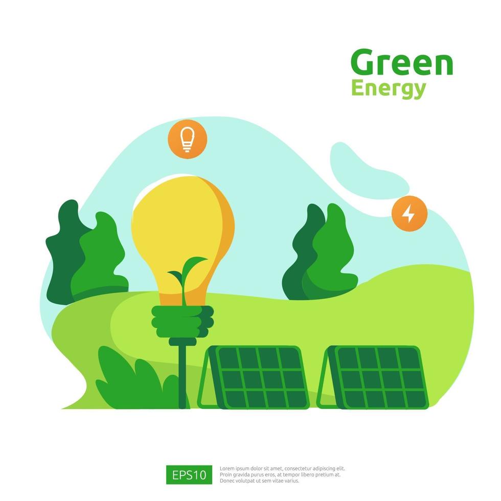 green clean energy sources with renewable electric sun solar panel and wind turbines. environmental concept for web landing page template, banner, presentation, social, and print media vector