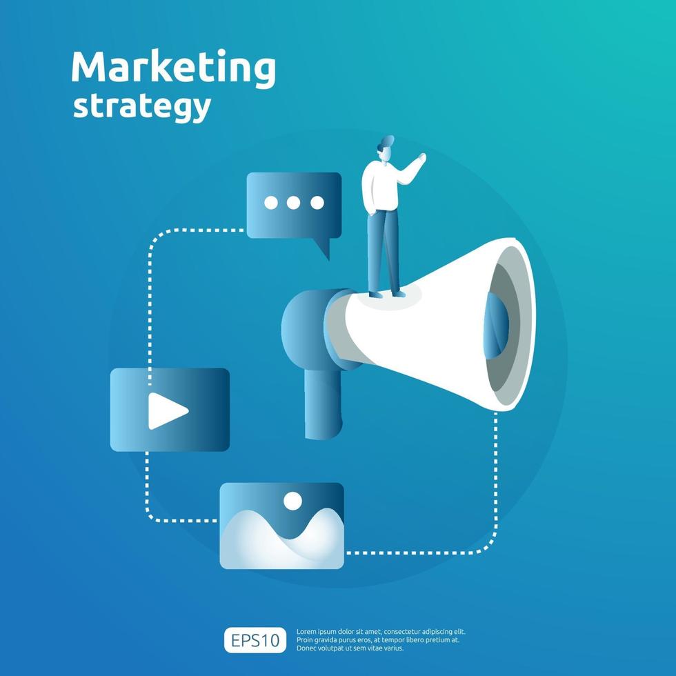 concepto de estrategia de marketing de redes sociales en línea móvil digital y afiliado. Refiera a un amigo publicidad contenido promoción estrategia vector banner ilustración.