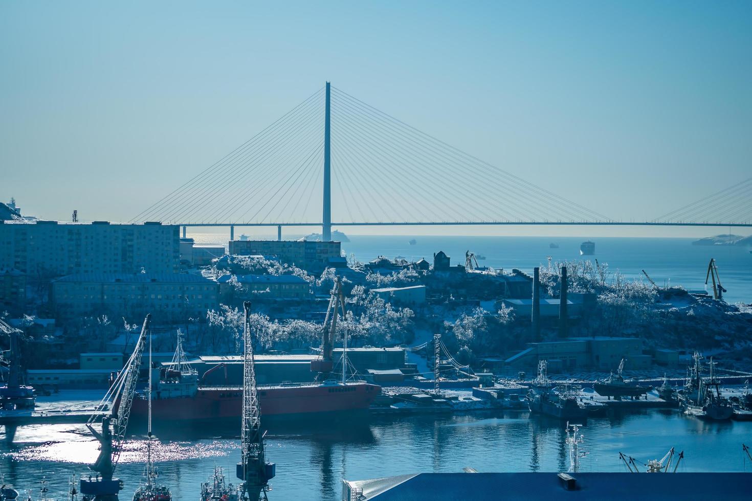 Seascape con una vista de un puerto y el puente russky contra un cielo azul claro en Vladivostok, Rusia foto