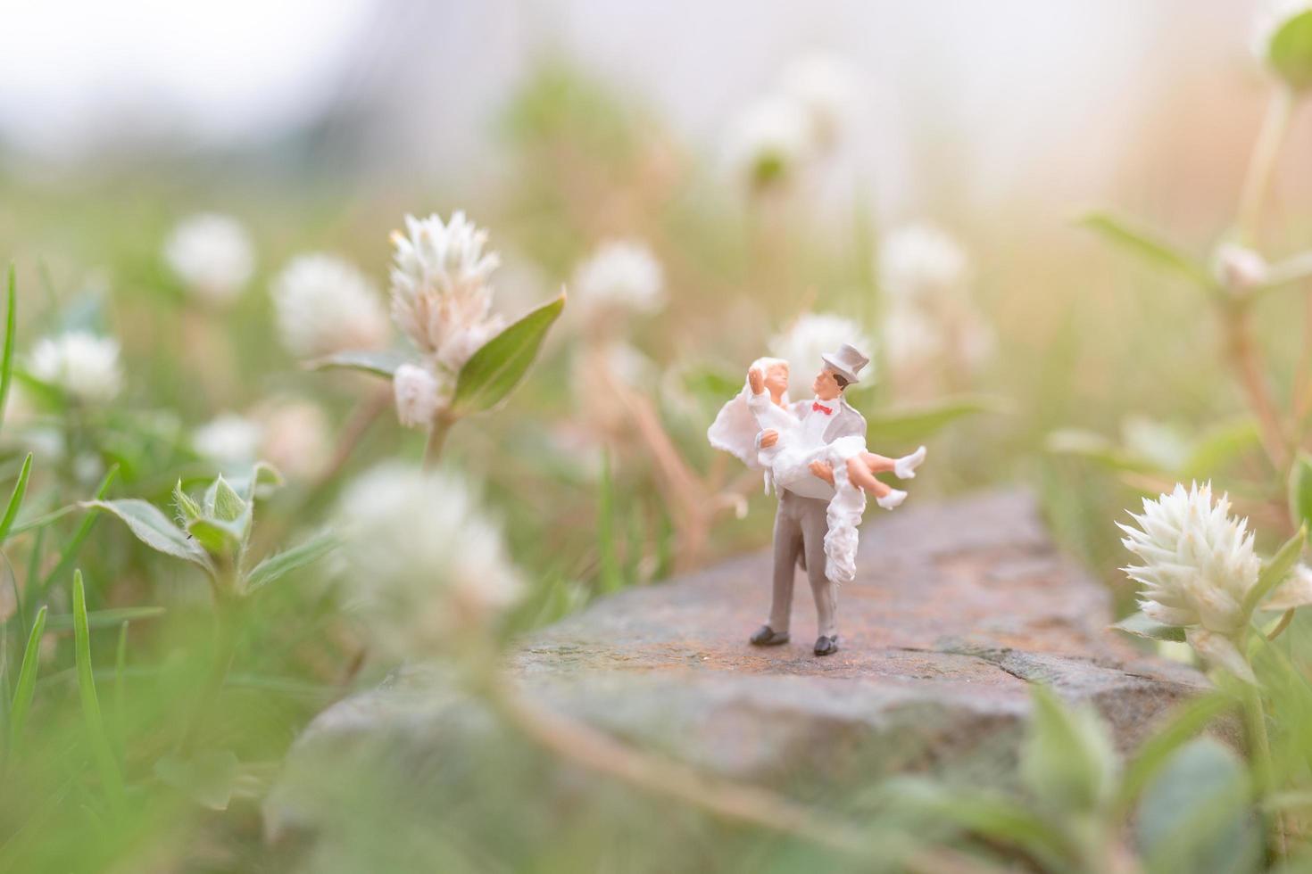 Pareja en miniatura en el jardín, concepto de día de San Valentín foto