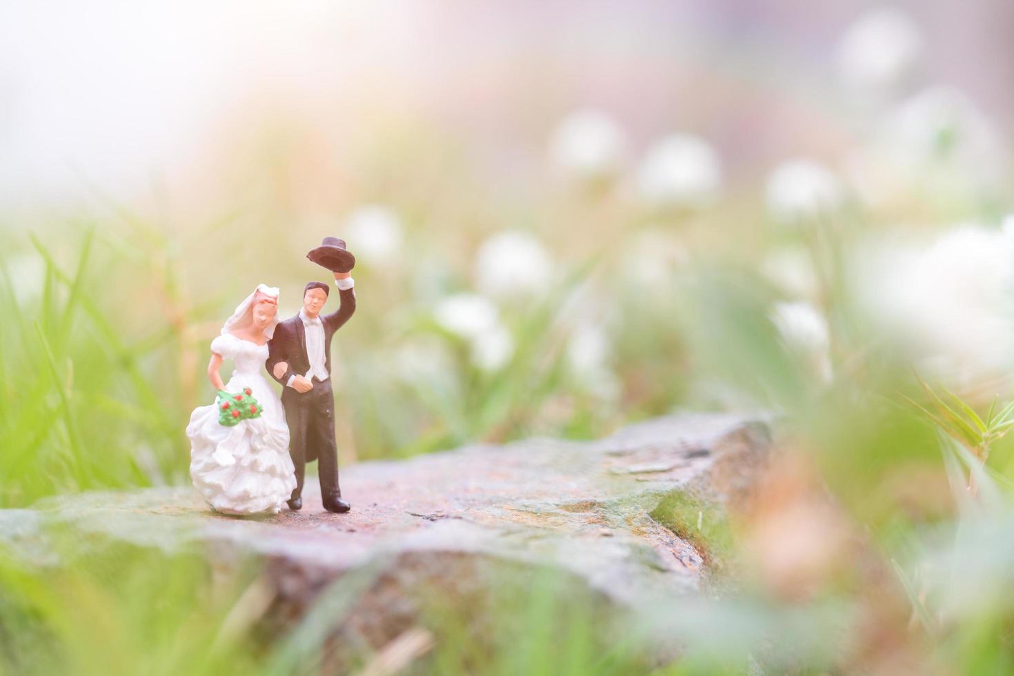 Pareja en miniatura en el jardín, concepto de día de San Valentín foto