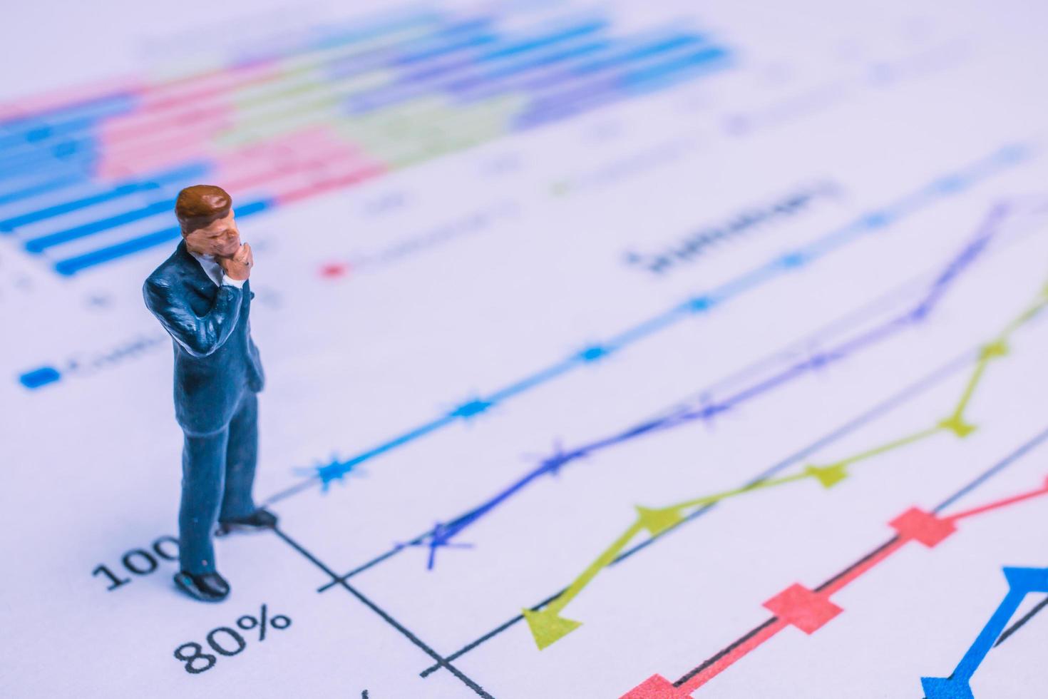 Miniature businessman standing on a paper graph chart, developing teamwork concept photo