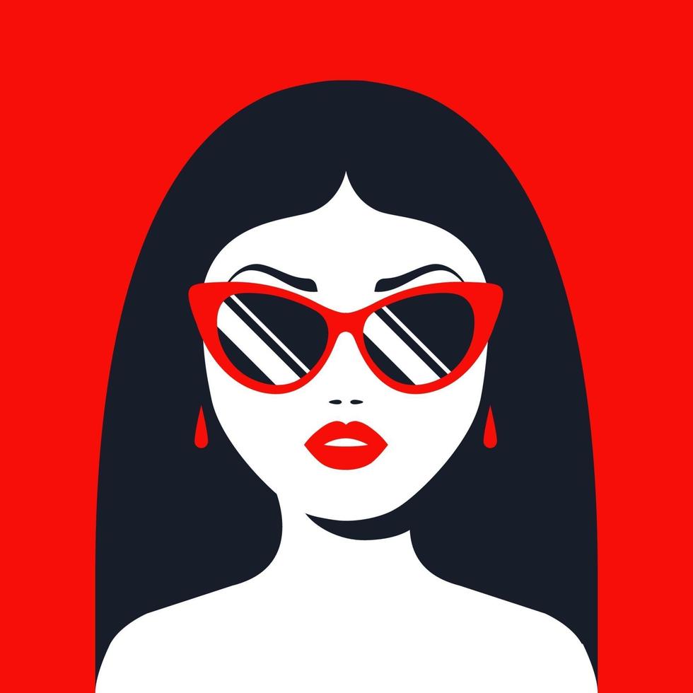 chica morena con gafas de sol y lápiz labial rojo. Ilustración de vector de personaje plano.