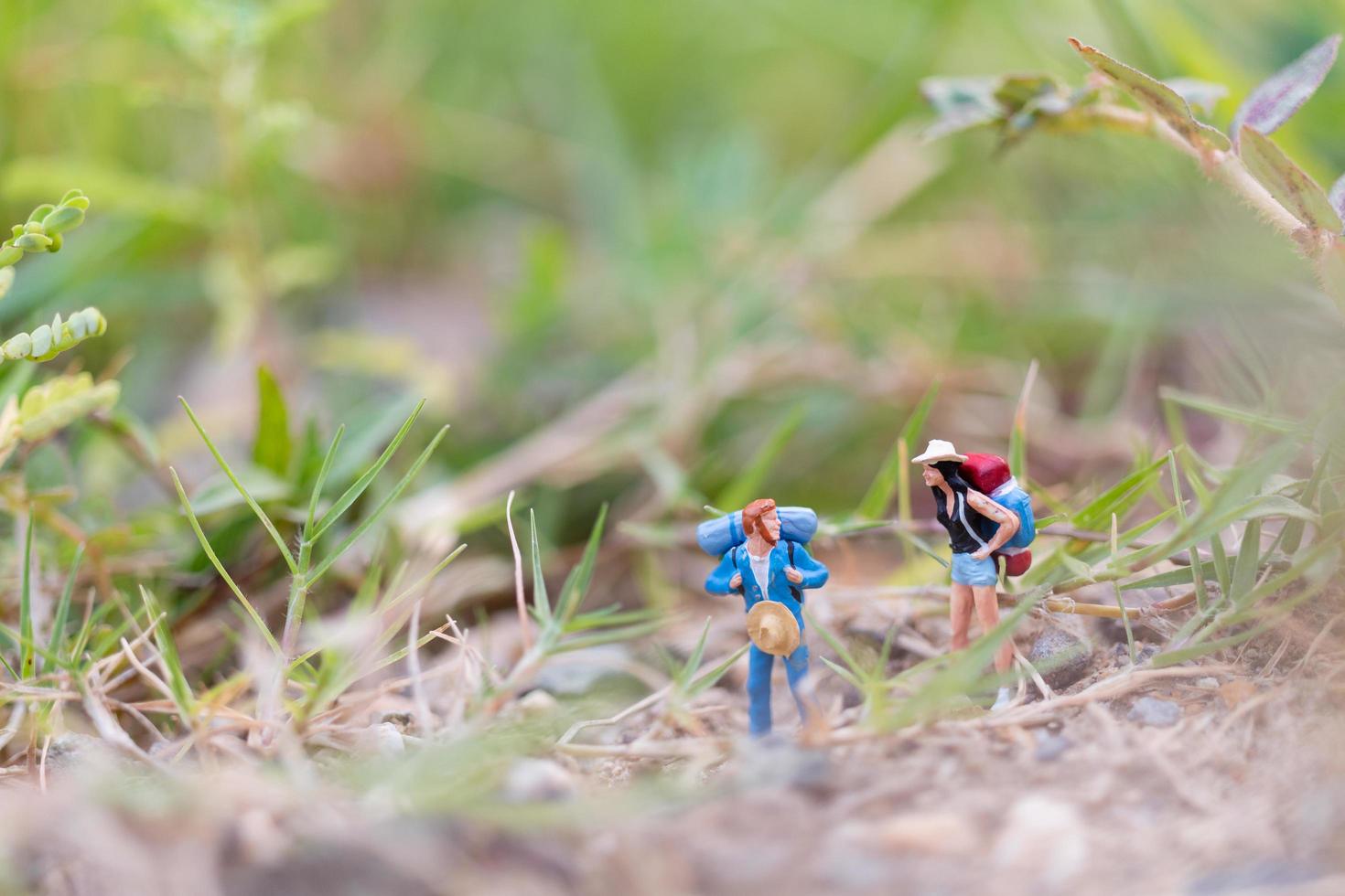 Miniature traveler with backpacks walking in the field, travel and adventure concept photo