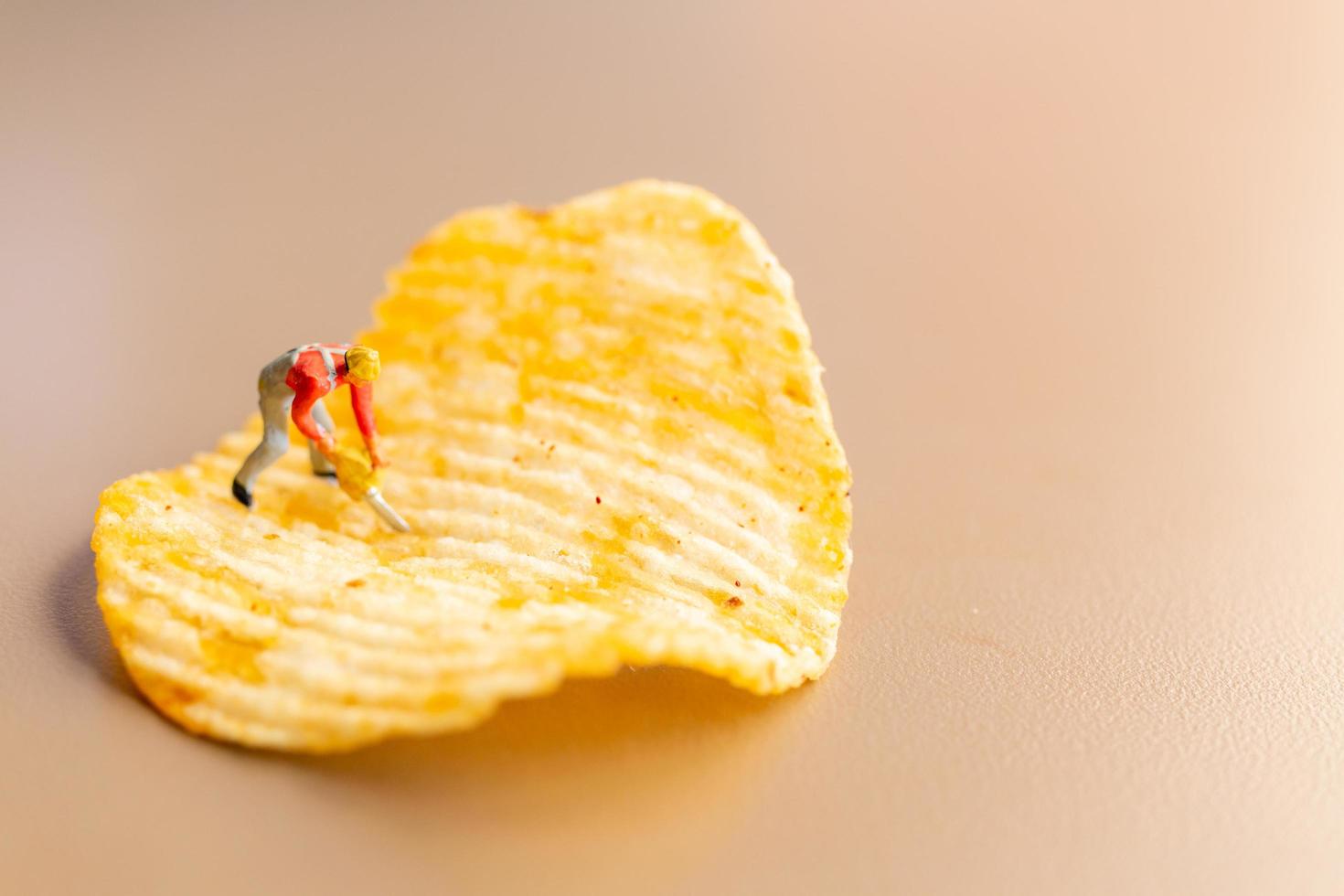 Miniature worker working with potato chips photo