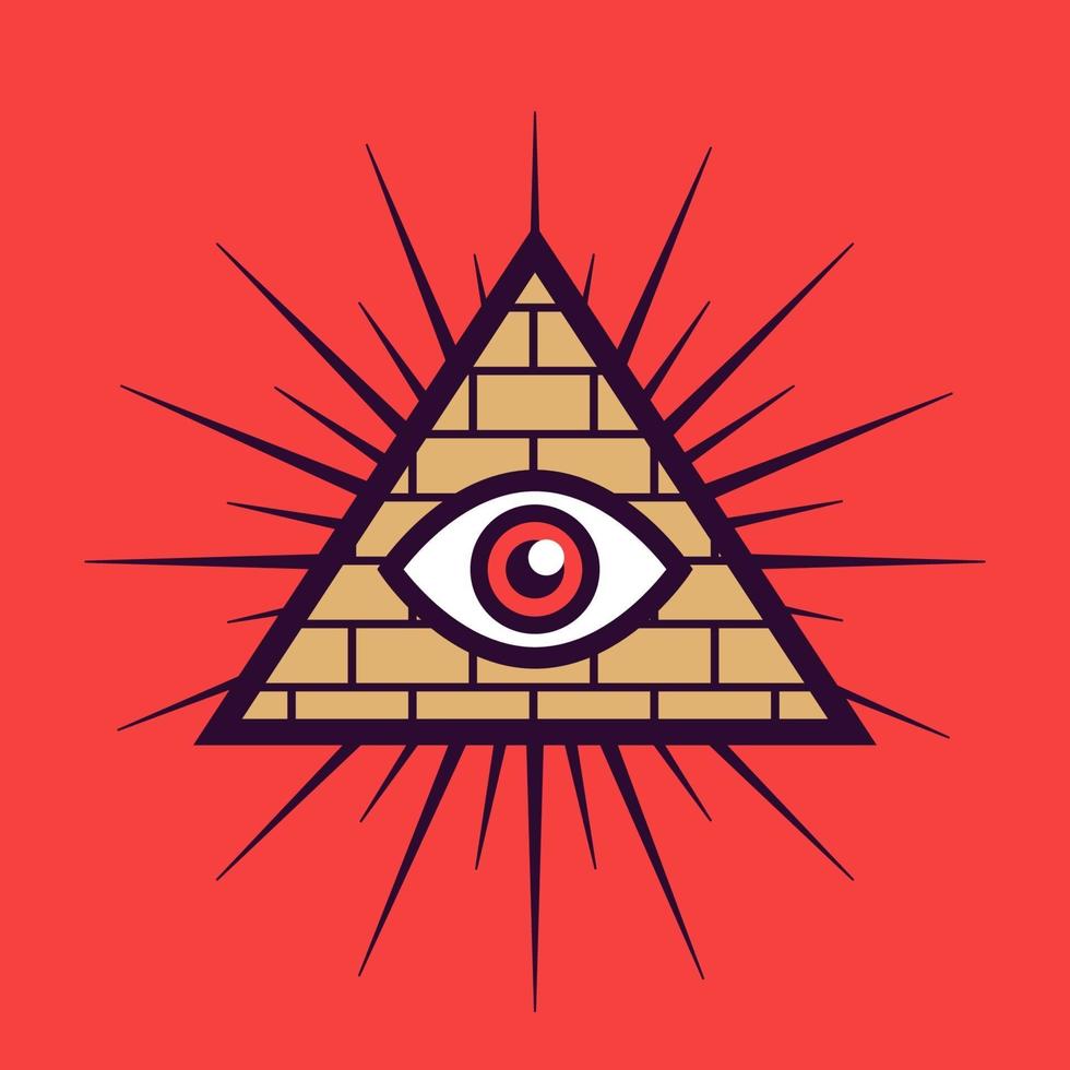 signo masónico sobre un fondo rojo. pirámide con un ojo. ilustración vectorial plana. vector